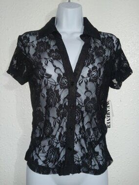 Wearever - Black Floral Lace Short Sleeve Button-Up Top
